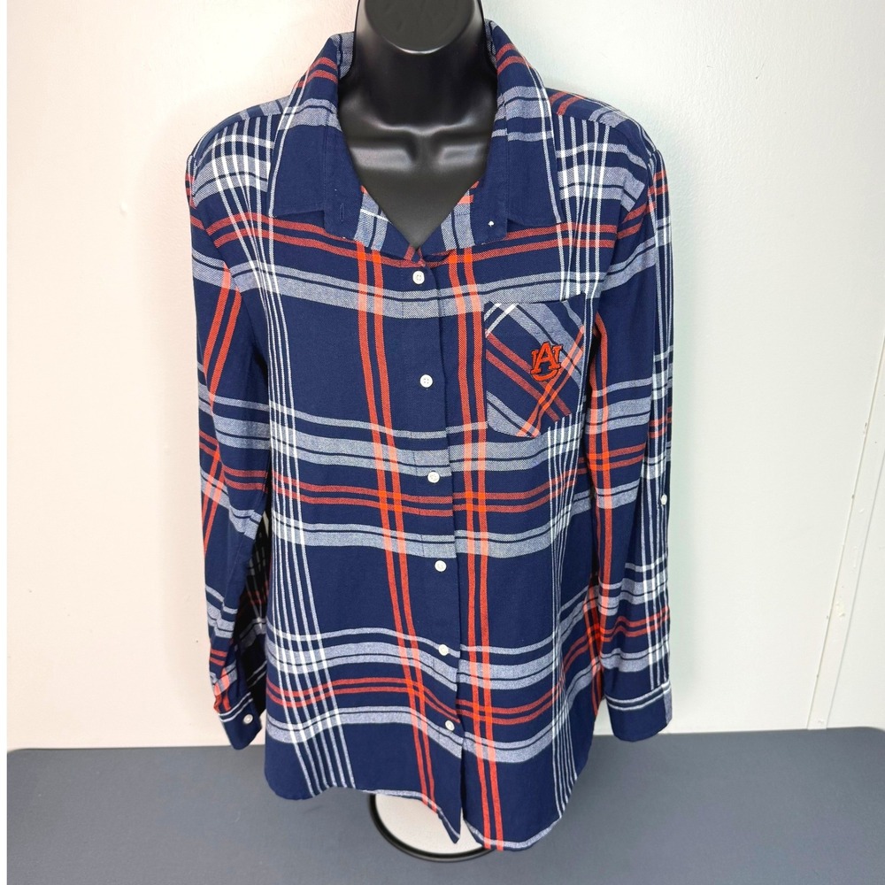 UG Apparel Button Up Womens L Auburn Tigers Plaid Navy Orange Gameday Shirt